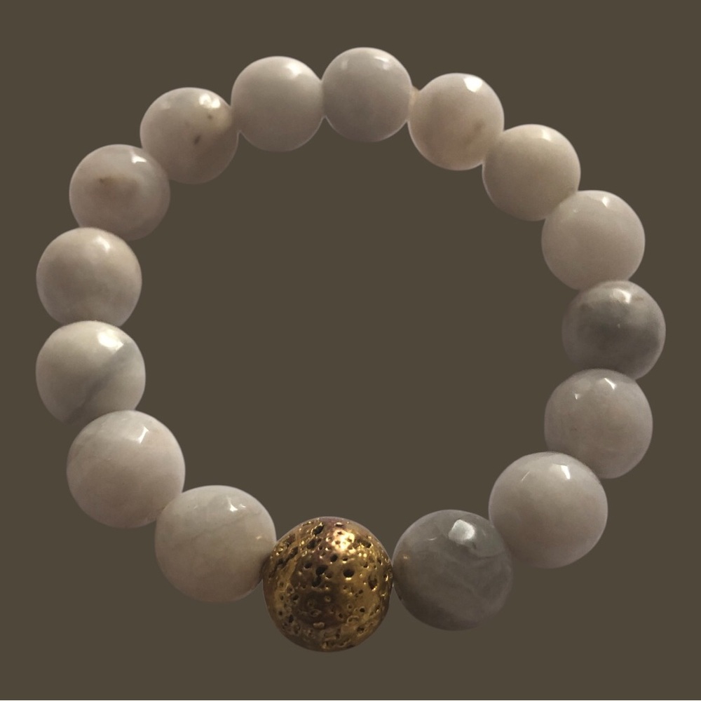 Gold and Gray & Cream Gemstone Beaded Bracelet